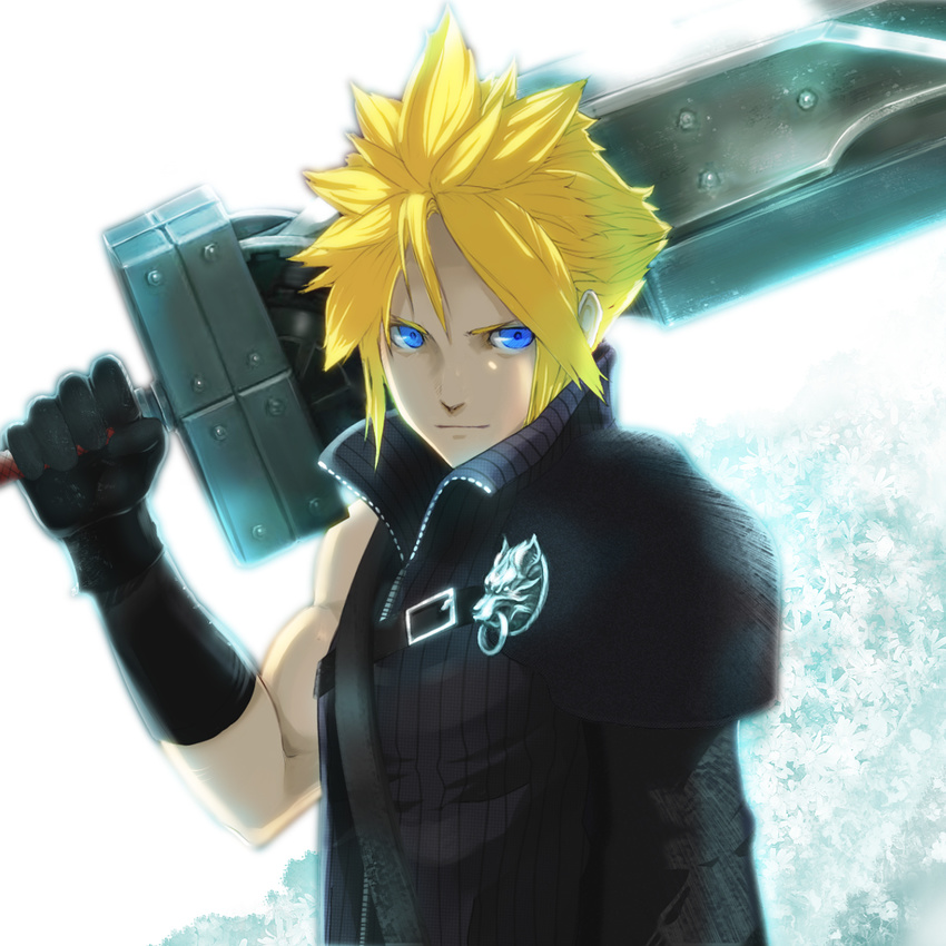 asymmetrical_clothes blonde_hair blue_eyes cloud_strife final_fantasy final_fantasy_vii final_fantasy_vii_advent_children fusion_swords gloves huge_weapon male_focus solo spiked_hair sword ten_(k1208) weapon white_background