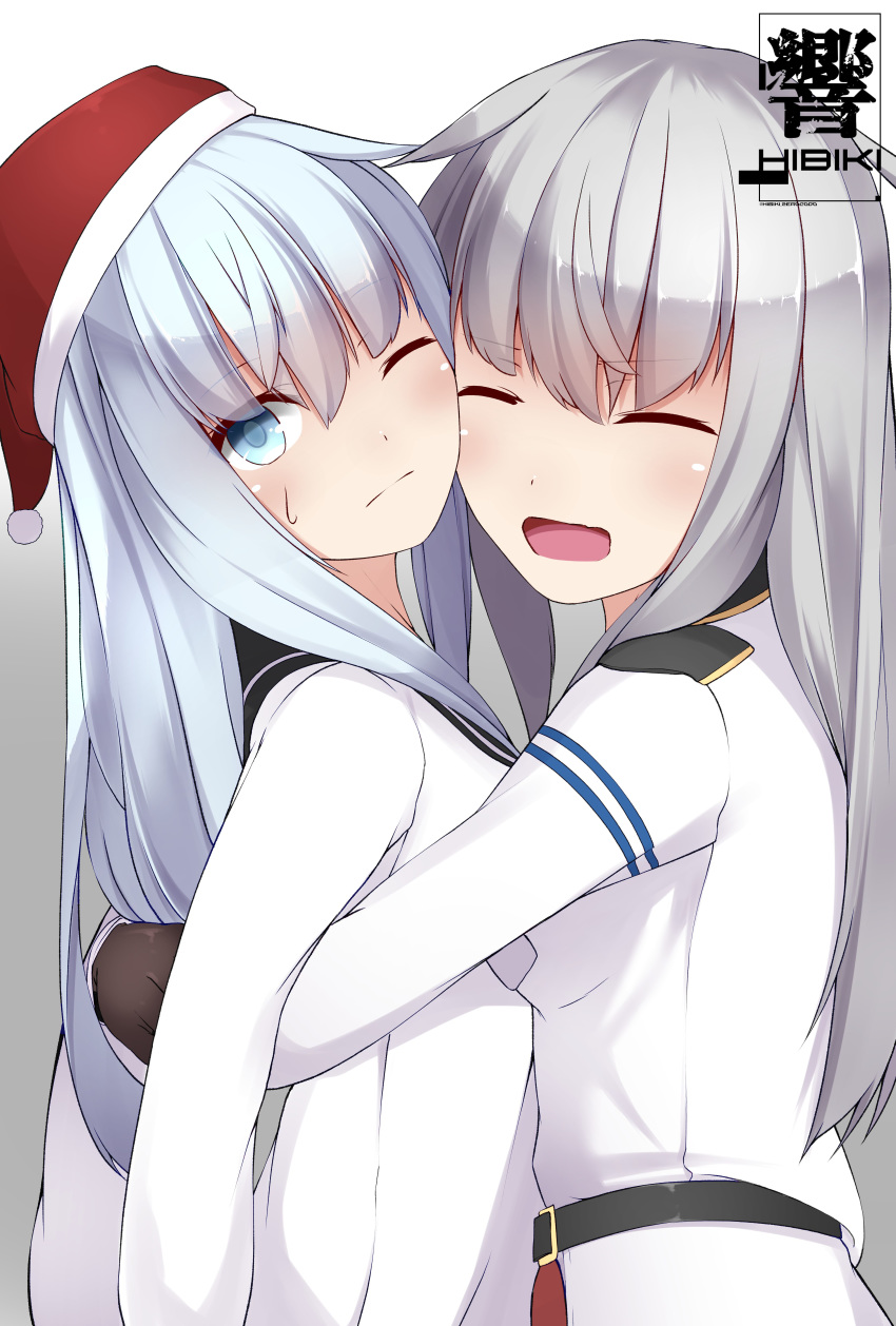 2girls :d absurdres belt black_sailor_collar blue_eyes character_name eyes_closed from_side fur-trimmed_hat gangut_(kantai_collection) hat hibiki_(kantai_collection) hibiki_zerocodo highres hug kantai_collection long_hair long_sleeves multiple_girls one_eye_closed open_mouth red_hat sailor_collar santa_hat shirt silver_hair smile standing sweatdrop upper_body white_shirt