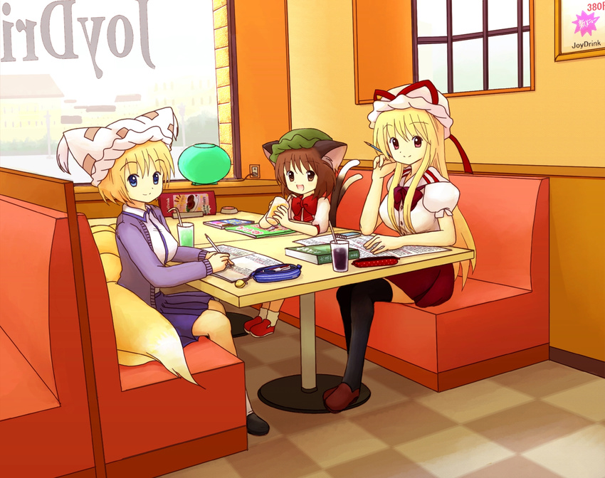 animal_ears black_legwear blonde_hair blue_eyes brown_eyes brown_hair casual cat_ears cat_tail checkered checkered_floor chen contemporary drink eijima_moko fox_tail homework long_hair miniskirt multiple_girls multiple_tails pencil red_eyes restaurant short_hair sitting skirt smile table tail thighhighs touhou yakumo_ran yakumo_yukari