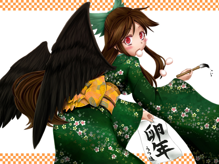 blush blush_stickers bow brown_hair brush calligraphy_brush checkered checkered_background egg flower from_behind green_bow hair_bow japanese_clothes kimono long_hair looking_back mouth_hold obi paintbrush red_eyes reiuji_utsuho sash solo touhou translation_request wallpaper warabi_mochi wings