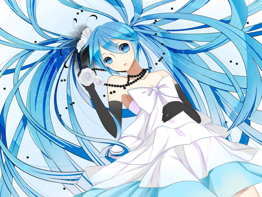 bare_shoulders blue_eyes blue_hair dress elbow_gloves flower gloves hatsune_miku highres jewelry kyuri_tizu long_hair necklace rose solo strapless strapless_dress twintails very_long_hair vocaloid