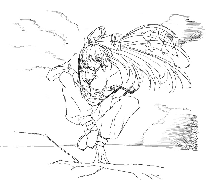 cigarette floating_hair fujiwara_no_mokou greyscale hair_over_one_eye long_hair monochrome rei_hana_(nachis514) sarashi sketch solo suspenders touhou wind