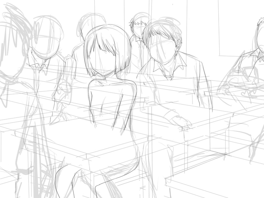 6+boys bob_cut chair chupimaro classroom clothed_male_nude_female commentary_request copyright_request desk exhibitionism flat_chest greyscale highres indoors monochrome multiple_boys nude perspective school_uniform short_hair sitting sketch work_in_progress