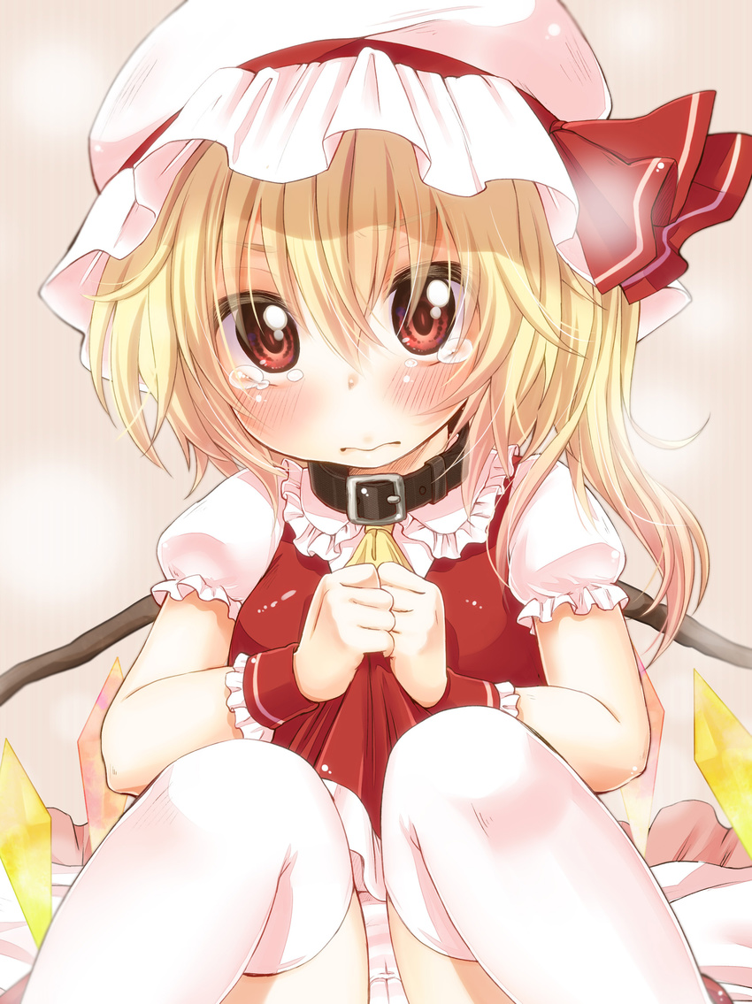 3: absurdres bad_id bad_pixiv_id blonde_hair blush collar dress dress_lift flandre_scarlet hat highres panties pantyshot pantyshot_(sitting) red_eyes short_hair side_ponytail sitting solo striped striped_panties tears thighhighs touhou underwear white_legwear wings yukiu_kon