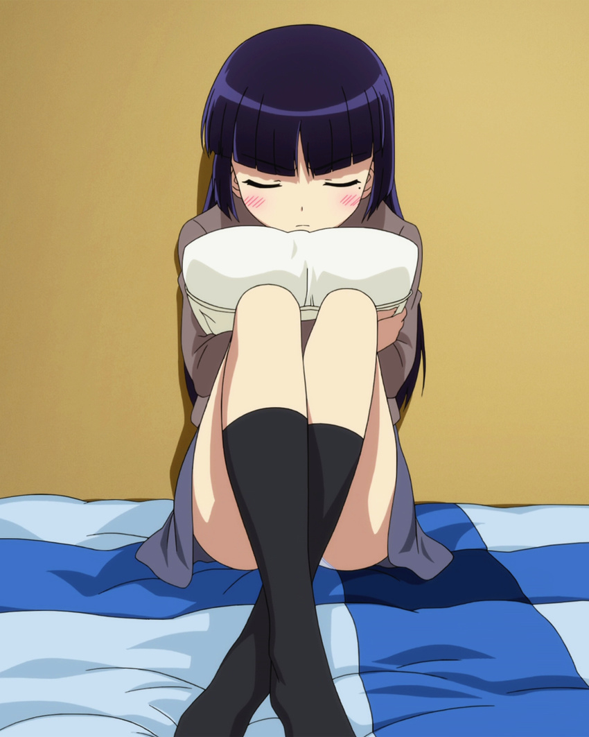 bedroom black_hair gokou_ruri highres knee_hug leg_hug ore_no_imouto_ga_konna_ni_kawaii_wake_ga_nai panties pillow stitched underwear upskirt