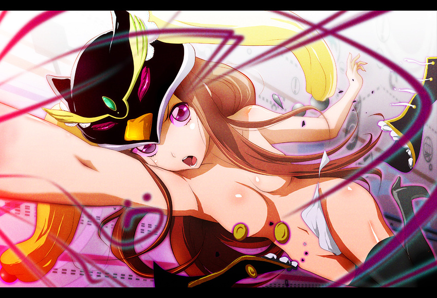 71 animal_hat bird blonde_hair boots breasts brown_hair censored convenient_censoring hat letterboxed mawaru_penguindrum medium_breasts nude penguin princess_of_the_crystal purple_eyes solo takakura_himari thigh_boots thighhighs wardrobe_malfunction