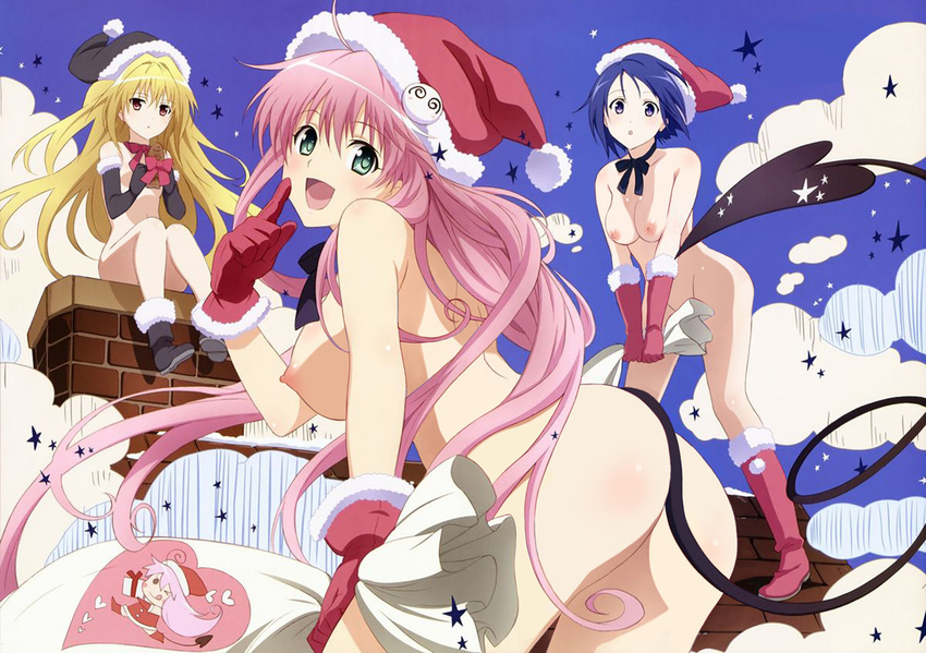 3girls ass blonde_hair blue_hair breasts konjiki_no_yami lala_satalin_deviluke legs long_hair multiple_girls nipples nude nude_filter photoshop pink_hair sairenji_haruna short_hair smile tail thighs to_love-ru toloveru