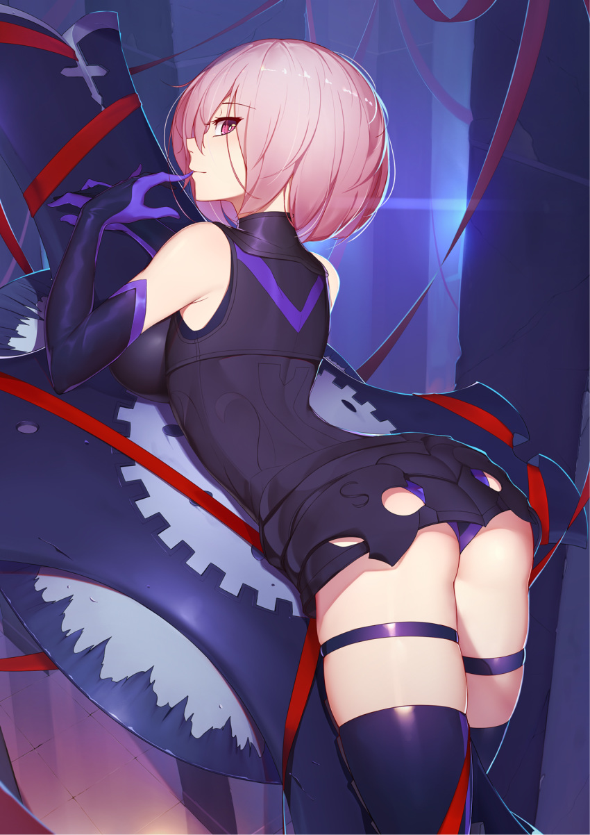 1girl arched_back ass bare_shoulders biting blush breasts dress elbow_gloves eyebrows_visible_through_hair fate/grand_order fate_(series) glove_biting gloves highres indoors langya_beike large_breasts looking_at_viewer looking_back mash_kyrielight panties pink_hair purple_eyes purple_gloves purple_hair purple_legwear purple_panties shield short_dress short_hair skindentation smile solo standing thigh_strap thighhighs tile_floor tiles underwear