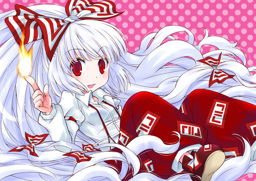 big_hair bow dress_shirt fire fujiwara_no_mokou hair_bow long_hair long_sleeves ogakuru pants red_eyes shirt solo suspenders touhou very_long_hair white_hair white_legwear