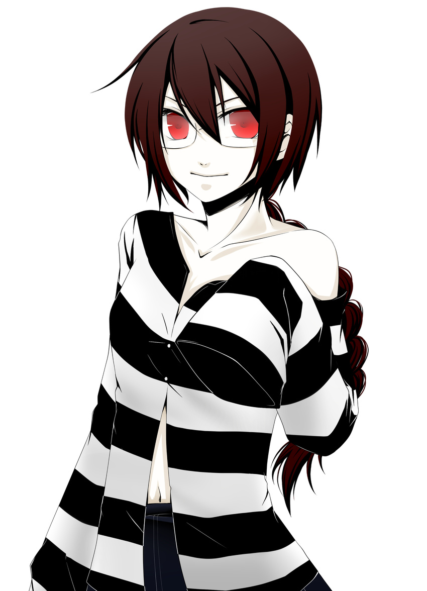 braid brown_hair durarara!! glasses highres long_hair orihara_mairu red_eyes shirt solo striped striped_shirt