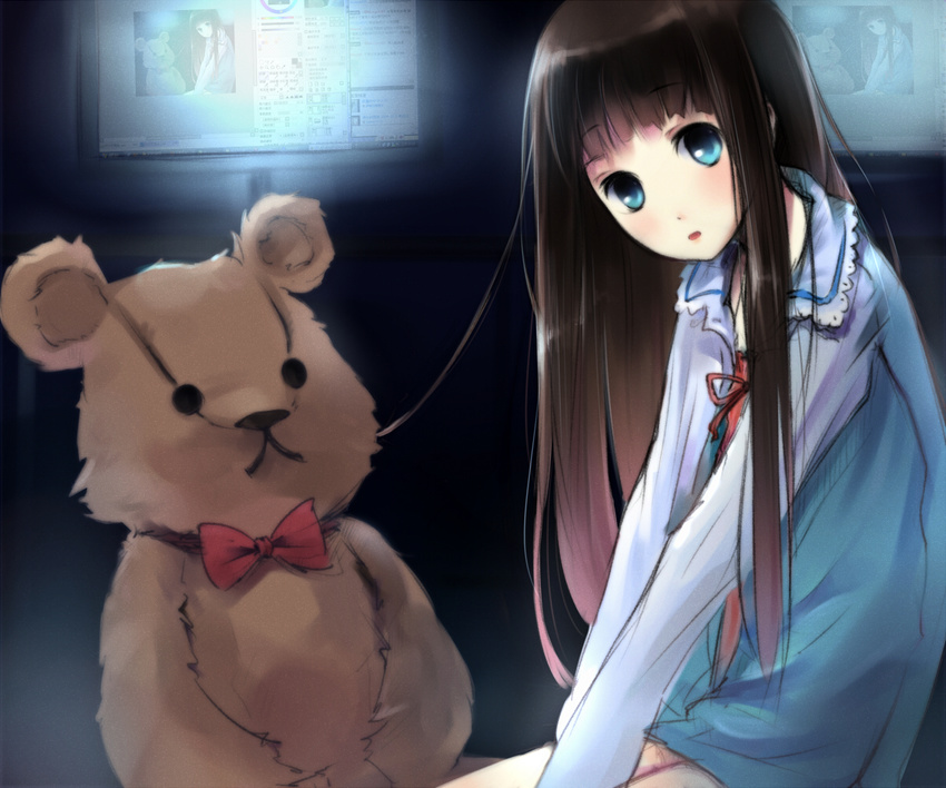 bad_id bad_pixiv_id black_hair blue_eyes kami-sama_no_memo-chou long_hair maigoyaki monitor painttool_sai pajamas recursion shionji_yuuko solo stuffed_animal stuffed_toy teddy_bear