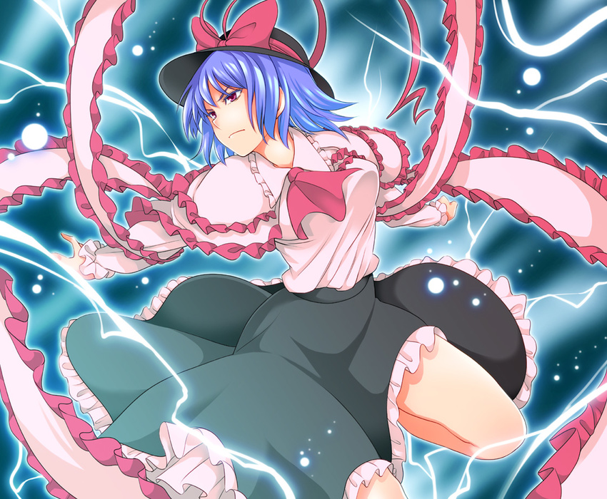 ascot bad_id bad_pixiv_id blue_hair bow electricity energy_ball frills hat looking_away nagae_iku outstretched_arms red_eyes scarf serious shawl skirt solo spread_arms touhou uousa-ou