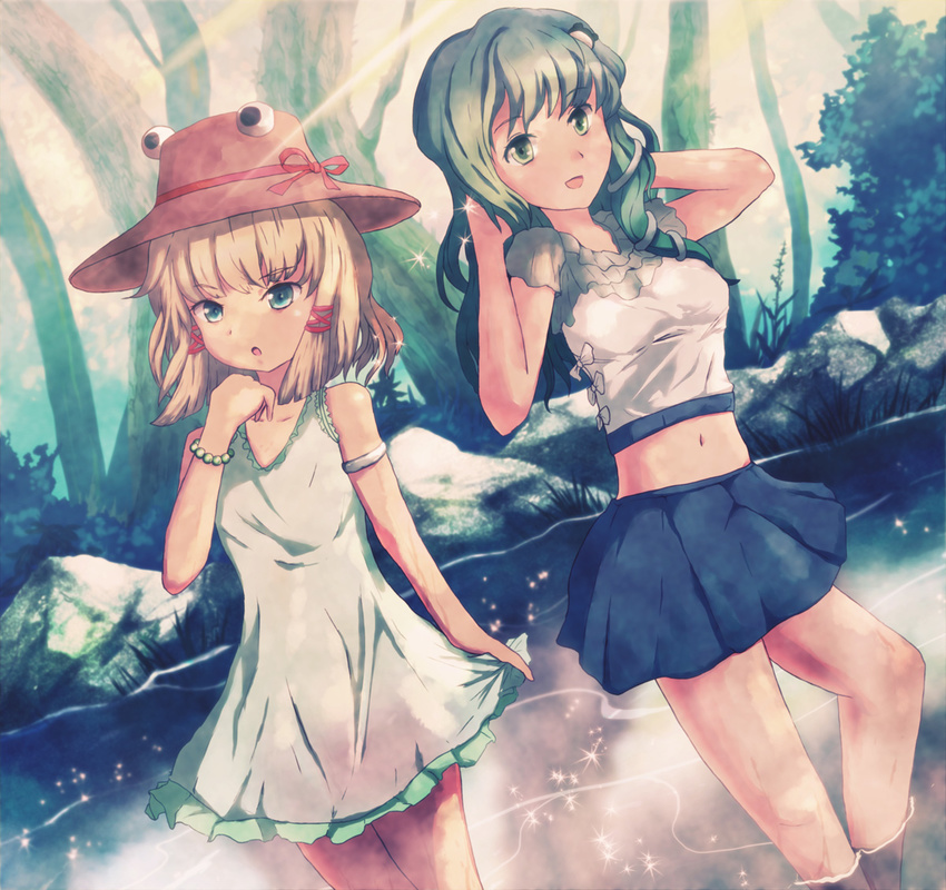 alternate_costume armlet bare_shoulders blonde_hair blue_eyes bracelet dress forest green_eyes green_hair hair_ornament hand_in_hair hat jewelry knj kochiya_sanae lake light_rays long_hair midriff moriya_suwako multiple_girls nature navel rock short_hair sunbeam sunlight touhou wading water wringing_clothes