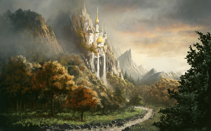 2011 amazing_background ambiguous_gender canterlot castle cliff cloud forest friendship_is_magic hasbro landscape moe mountain my_little_pony outside path river scenery sunset town tree wallpaper water waterfall widescreen wood