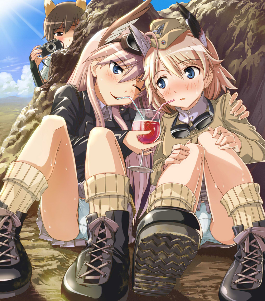 animal_ears blonde_hair blue_eyes blush camera drink drinking hanna-justina_marseille hi-ho- highres katou_keiko military military_uniform multiple_girls raisa_pottgen uniform world_witches_series