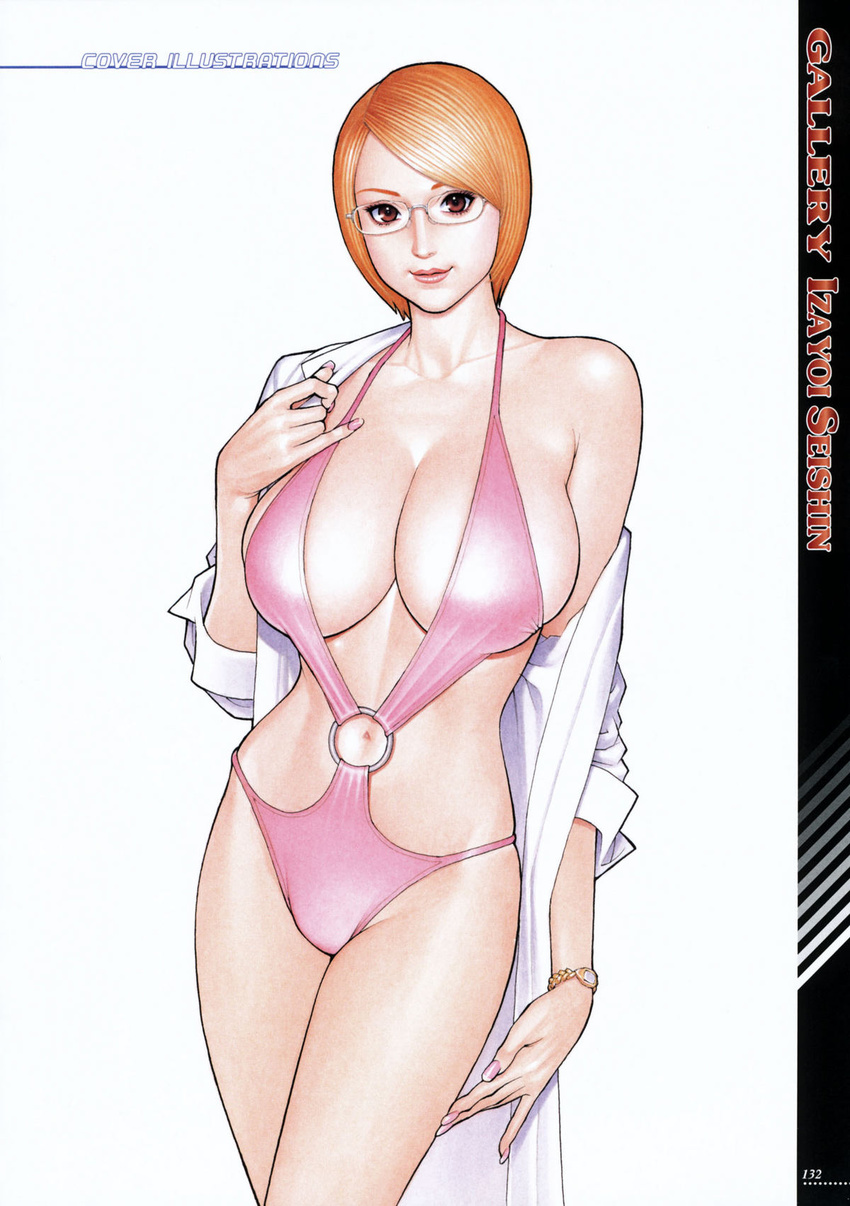 action_pizazz artbook bangs bikini breasts collarbone cowboy_shot fingernails glasses halterneck highres huge_breasts izayoi_seishin lips long_fingernails mature nail_polish navel o-ring o-ring_swimsuit off_shoulder open_clothes open_shirt orange_hair parted_bangs pink_swimsuit red_eyes short_hair sleeves_past_elbows solo swept_bangs swimsuit watch wristwatch