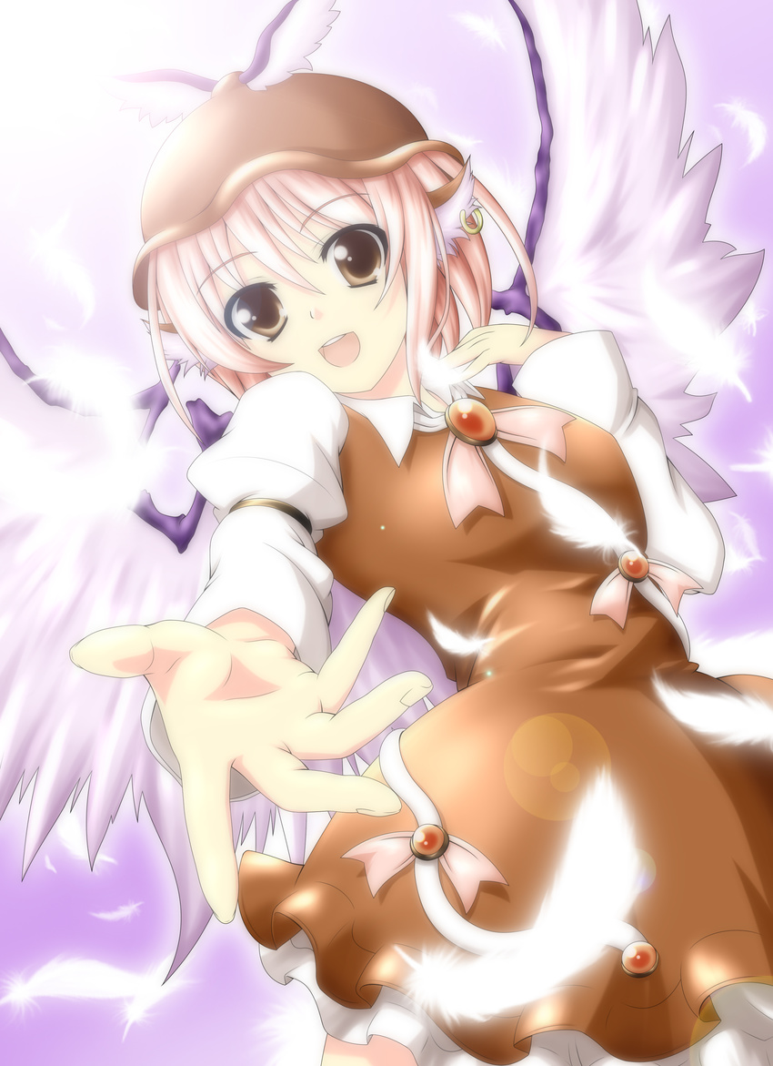 absurdres animal_ears brown_eyes dress earrings feathers hat highres jewelry meitou_muku mystia_lorelei open_mouth pink_hair reaching short_hair smile solo touhou wings