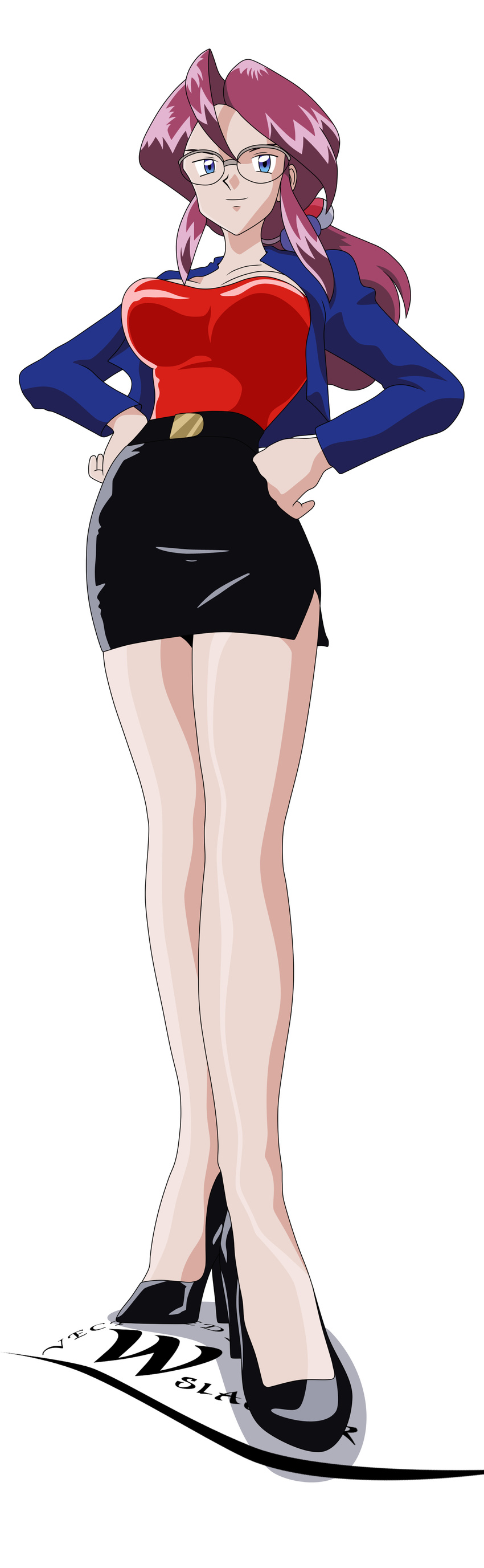 absurdres blue_eyes breasts cleavage glasses high_heels highres jacket kanna_(pokemon) legs long_legs medium_breasts miniskirt pencil_skirt poke_ball pokemon ponytail red_hair shoes skirt solo vector_trace wslasher