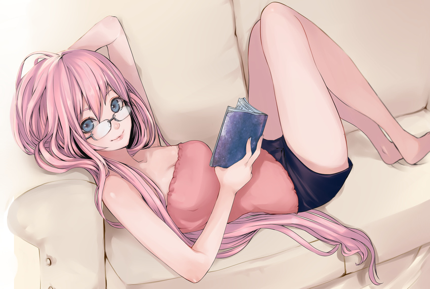 bad_id bad_pixiv_id bare_shoulders barefoot bespectacled blue_eyes book couch derivative_work glasses hand_behind_head highres legs long_hair looking_at_viewer lying megurine_luka on_back pink_hair roku_(hikokeng) settyaro short_shorts shorts smile solo strapless very_long_hair vocaloid