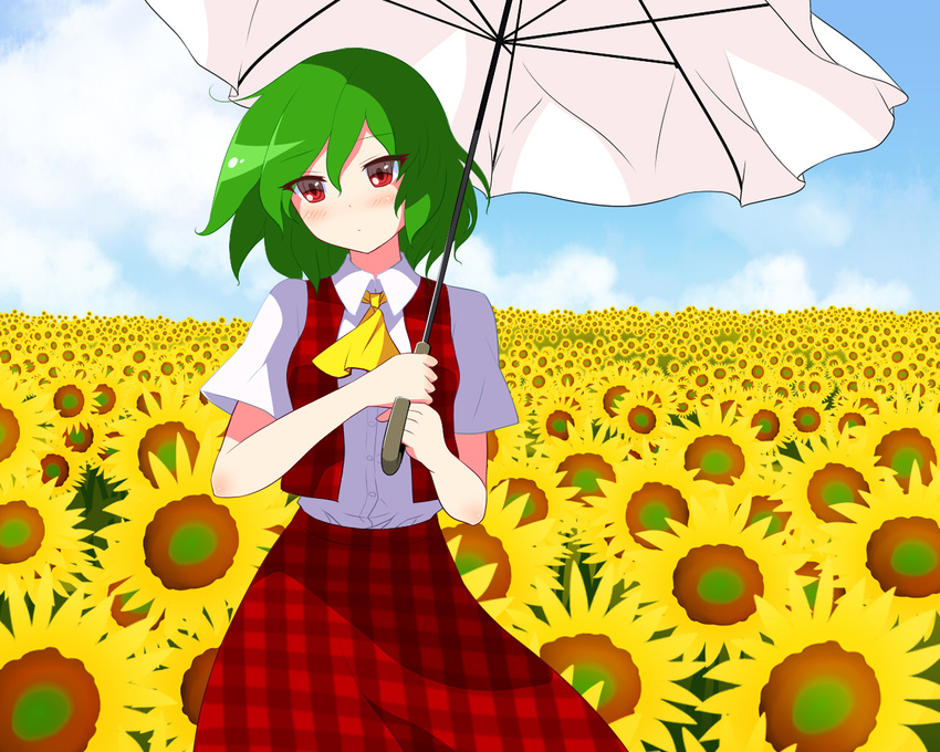 ascot bad_id bad_pixiv_id dress_shirt flower green_hair kazami_yuuka plaid plaid_skirt plaid_vest red_eyes shiihaku shirt skirt skirt_set solo sunflower touhou umbrella unmoving_pattern vest