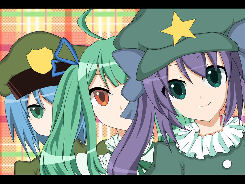 ahoge alternate_form blue_hair fake_screenshot green_dam green_eyes green_hair hair_ribbon hat highres letterboxed long_hair multiple_girls multiple_persona oniichan_no_koto_nanka_zenzen_suki_janain_dakara_ne!! os-tan parody personification purple_hair red_eyes ribbon shangyeshen_daren short_hair twintails