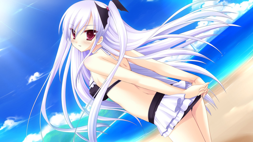 akechi_hikari ass beach bikini bikini_skirt blush cloud day game_cg hyper_highspeed_genius light_rays long_hair looking_back miyasu_risa outdoors purple_eyes sky smile solo sunbeam sunlight swimsuit very_long_hair white_hair