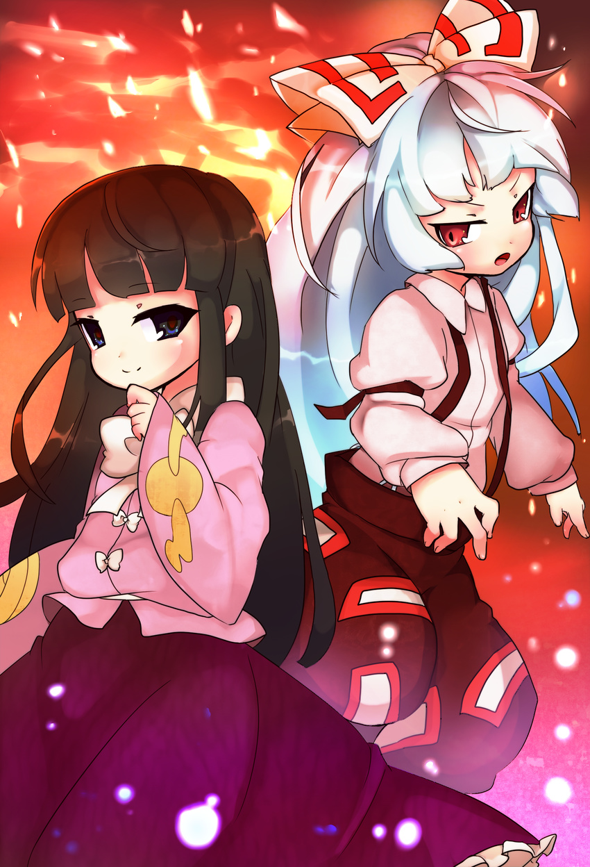 bad_id bad_pixiv_id black_hair bow cheekbones chibi fire fujiwara_no_mokou hair_bow highres houraisan_kaguya hutaba123 long_hair looking_at_viewer multiple_girls purple_eyes red_eyes smile touhou white_hair