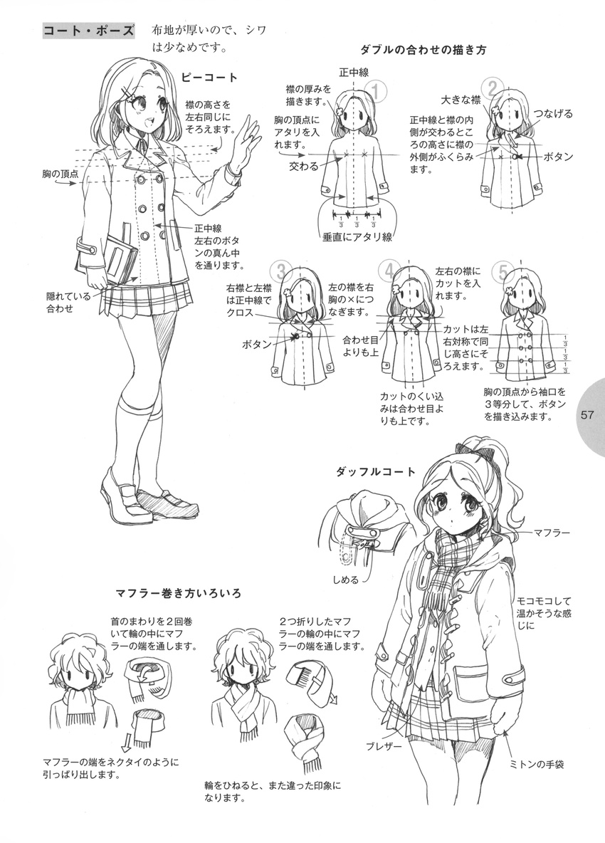 absurdres artist_request book coat copyright_request highres how_to monochrome scarf school_uniform skirt translation_request