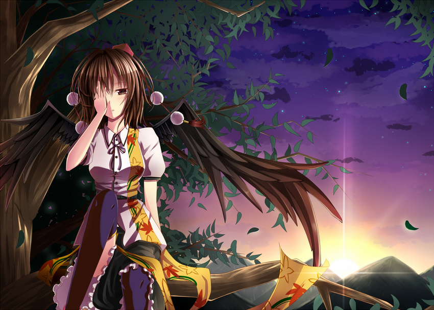 akino black_legwear black_wings blush breasts brown_eyes brown_hair covering_one_eye expressionless hand_on_own_face in_tree looking_at_viewer medium_breasts mountain night parted_lips scarf shameimaru_aya sitting sitting_in_tree sky solo sunrise thighhighs touhou tree wings