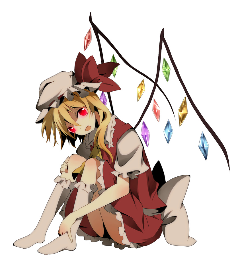 ascot bad_id bad_pixiv_id blonde_hair bobby_socks bow flandre_scarlet frills glowing glowing_eyes hat hat_bow head_tilt highres kako11 looking_at_viewer no_shoes open_mouth petticoat puffy_sleeves red_eyes shirt side_ponytail simple_background sitting skirt socks solo touhou white_legwear wings