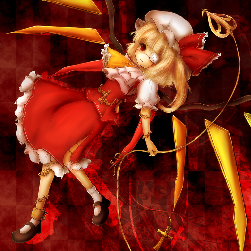 amanojaku ascot bad_id bad_pixiv_id blonde_hair blood blood_on_face chain eyepatch flandre_scarlet hat highres laevatein red_eyes shirt side_ponytail skirt skirt_set solo tiles touhou wings