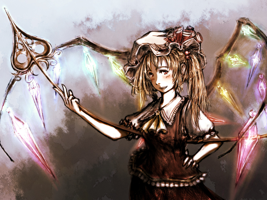:d ascot blonde_hair blush bow crystal daro flandre_scarlet hair_bobbles hair_ornament hand_on_hip hat hat_bow hips laevatein looking_at_viewer open_mouth red_eyes side_ponytail skirt skirt_set smile solo touhou wings