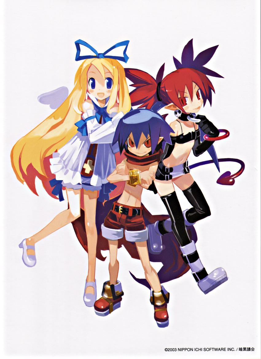 2003 2girls absurdres angel blonde_hair blue_hair company_name demon_tail disgaea etna everyone flonne gloves harada_takehito highres laharl multiple_girls official_art pointy_ears red_eyes red_hair red_shorts ribbon scan shorts simple_background tail thighhighs tongue twintails white_background white_bloomers