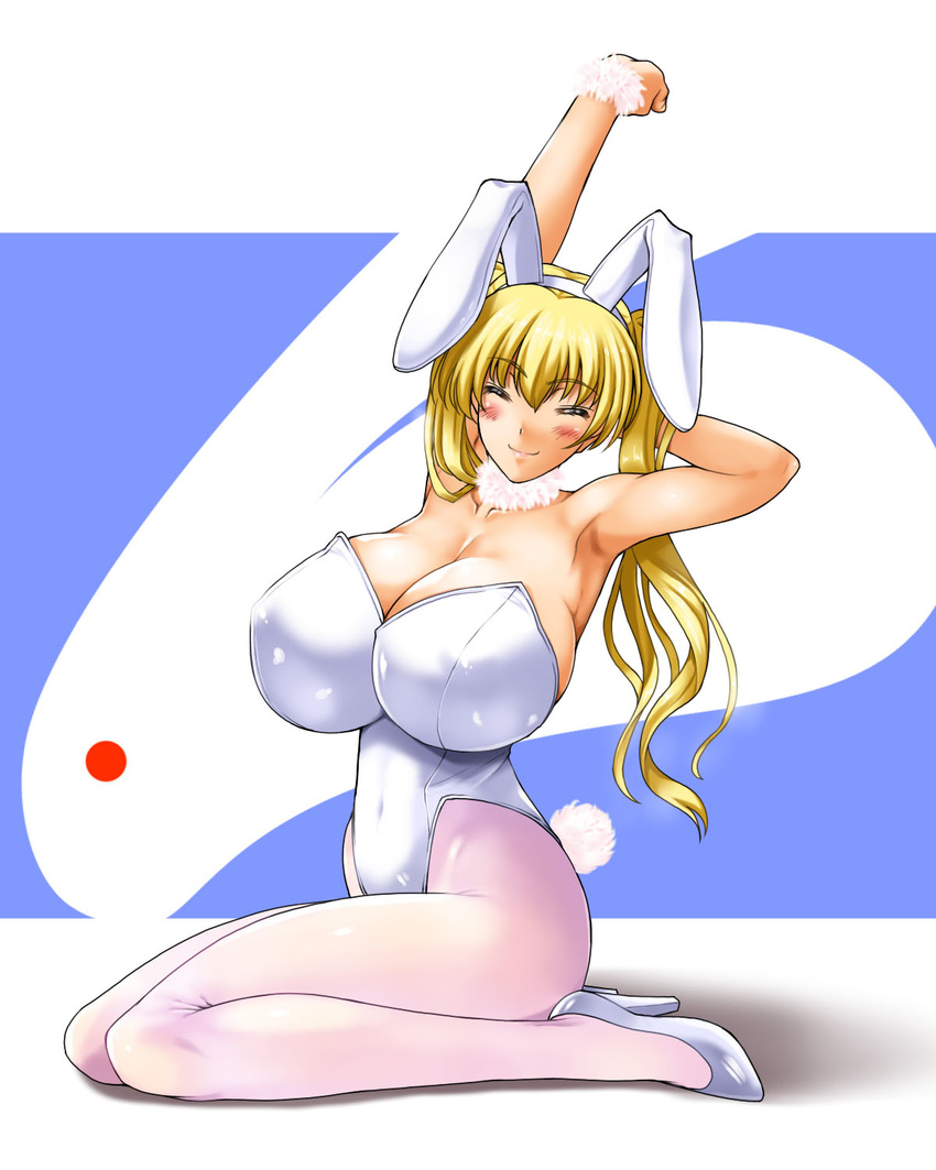 animal_ears armpits blonde_hair breasts bunny_ears bunnysuit cleavage closed_eyes high_heels highres huge_breasts kamia_(not_found) long_hair matsuoka_kiyone original pantyhose shoes sitting solo white_legwear