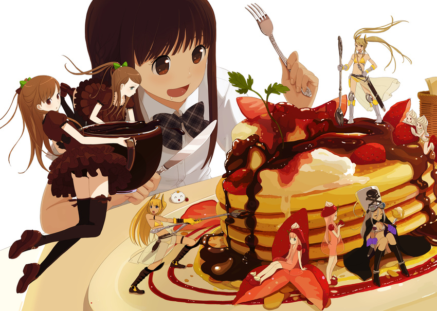 armor ass black_legwear bow brown_hair chocolate coffee drooling eating food fork fruit hair_bow hat highres in_food knife kokudou_juunigou minigirl multiple_girls original pancake plate ponytail raspberry simple_background skindentation strawberry sword syrup thighhighs twintails weapon whipped_cream