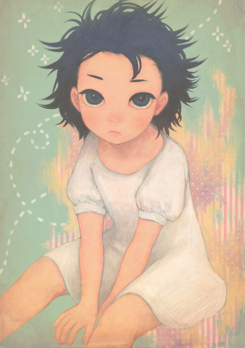 absurdres black_hair blue_eyes face frown highres lichty messy_hair original sitting skirt solo white_skirt