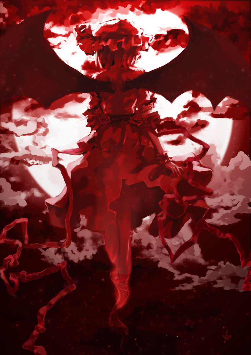 back backless_dress backless_outfit bat_wings cloud cloudy_sky dissolving dress floating from_behind full_body full_moon hat hat_ribbon heiyuen highres light_particles mob_cap moon moonlight night red remilia_scarlet ribbon short_hair sky solo touhou wings wrist_cuffs