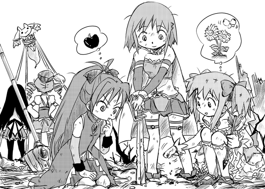 :3 akemi_homura apple arrow bound bug butterfly detached_sleeves dirty drill_hair dynamite explosive flower food from_behind fruit gardening gloves greyscale hand_on_own_face hands_on_hips hat insect kaname_madoka kneehighs kneeling kyubey long_hair magical_girl mahou_shoujo_madoka_magica miki_sayaka monochrome multiple_girls ohyo planted_sword planted_weapon pleated_skirt polearm ponytail ruins sakura_kyouko seed short_hair skirt spear spoken_animal spoken_flower spoken_food squatting sword thighhighs thought_bubble tied_up tomoe_mami twin_drills twintails weapon