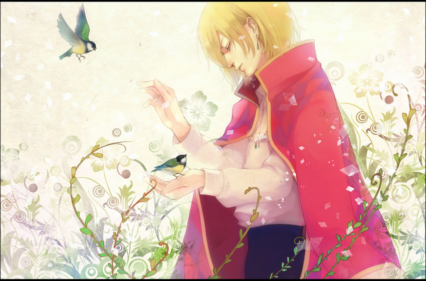 bad_id bad_pixiv_id bird blonde_hair cape chm earrings highres howl_(howl_no_ugoku_shiro) howl_no_ugoku_shiro jewelry male_focus solo