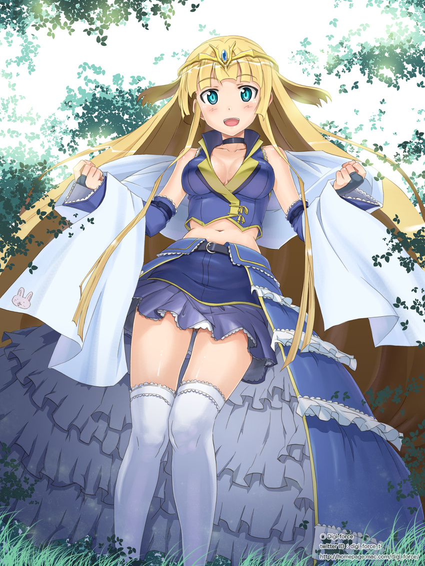 :d arksign bare_shoulders blonde_hair blush breasts bridal_gauntlets choker circlet cleavage clenched_hands collarbone detached_sleeves garters green_eyes highres kimura_shigetaka long_hair looking_at_viewer medium_breasts midriff navel open_mouth over-kneehighs skindentation skirt skirt_set smile solo standing thighhighs very_long_hair white_legwear wide_sleeves yui_(arksign) zettai_ryouiki