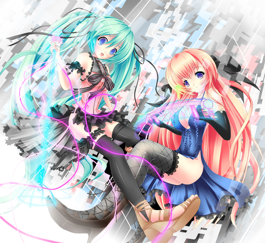 akairo_no_mako aqua_hair blue_eyes breasts cleavage dress elbow_gloves fishnets foreshortening garters gloves hatsune_miku large_breasts long_hair megurine_luka multiple_girls open_mouth red_hair skirt thighhighs twintails very_long_hair vocaloid