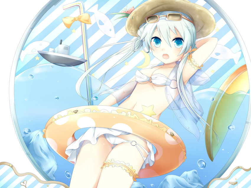 aqua_hair arm_up bad_id bad_pixiv_id bikini blue_eyes boat bow drinking_straw eyewear_on_head flower garters hat highres hood hood_down hooded_jacket innertube jacket long_hair navel o-ring o-ring_bikini o-ring_bottom o-ring_top open_mouth original sakakidani sarong solo star sunglasses swimsuit water watercraft white_sarong