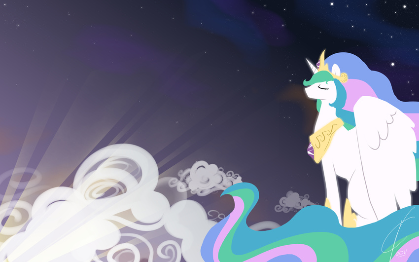 alicorn cloud clouds crown dreatos equine eyes_closed female feral friendship_is_magic hair hasbro hi_res horn horse mammal multi-colored_hair my_little_pony night_sky pegacorn pink_eyes pony princess_celestia_(mlp) rainbow_hair royalty sitting solo valcron wallpaper white_body widescreen winged_unicorn wings