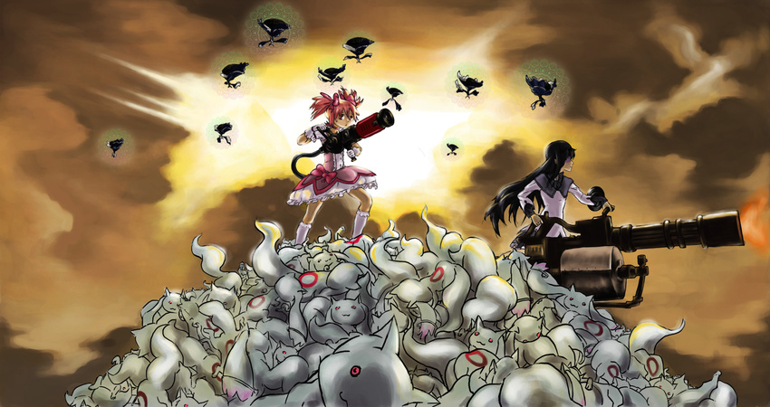 akemi_homura arantheus black_hair gatling_gun gun hair_ribbon hairband highres kaname_madoka kyubey long_hair magical_girl mahou_shoujo_madoka_magica medi_gun minigun multiple_girls parody pink_hair ribbon team_fortress_2 the_heavy the_medic walpurgisnacht_(madoka_magica) weapon