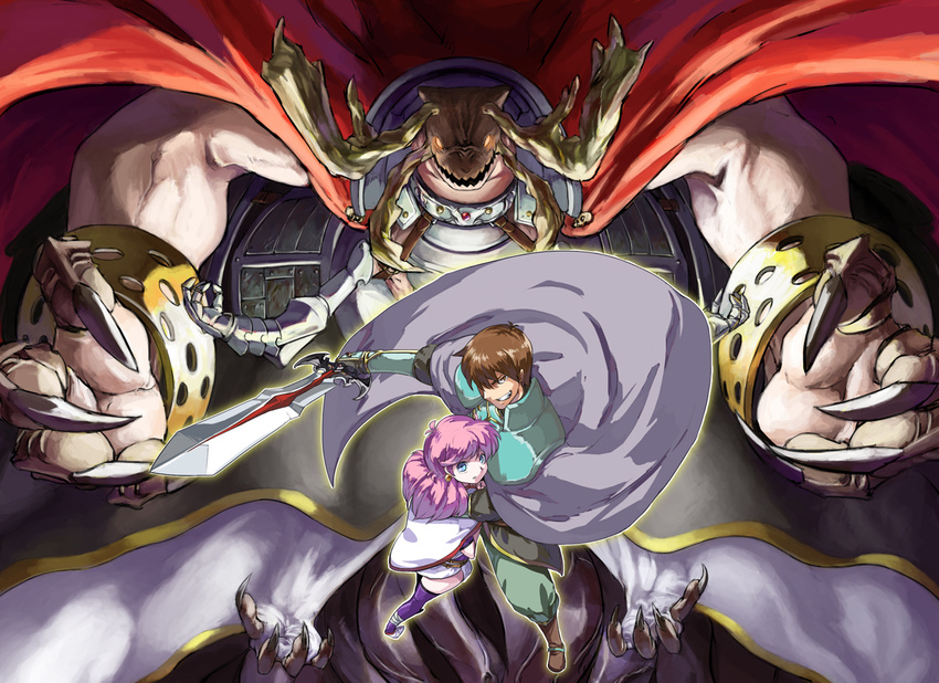 1girl armor blue_eyes boots brown_eyes brown_hair cape claws cuffs fingernails from_above glowing glowing_eyes grin holding horns kayblis kichikuou_rance monster multiple_arms perspective pink_hair purple_legwear rance rance_(series) scared sharp_fingernails sharp_teeth sill_plain smile sword teeth thighhighs torinoko_tamago weapon