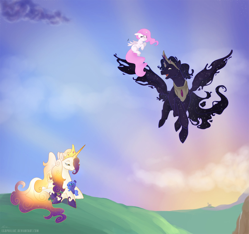 alicorn avoid_posting blue_hair corona_(mlp) deity egophiliac flying foal friendship_is_magic galaxiour_(mlp) hair hasbro hybrid magic my_little_pony pink_hair princess_celestia_(mlp) princess_luna_(mlp) royalty stars young