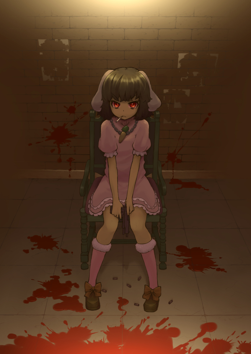 absurdres animal_ears black_hair blood blood_splatter bunny_ears carrot carrot_necklace chain chair cigarette dress full_body glaring gun handgun highres inaba_tewi jewelry kuro_oolong looking_at_viewer m1911 necklace pendant pink_dress pistol red_eyes shell_casing short_hair sitting solo touhou v_arms wall weapon