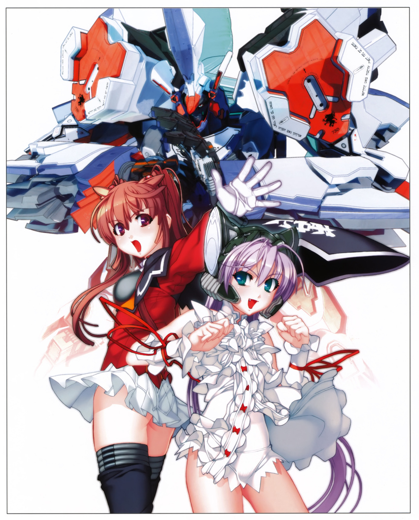 :d absurdres al_azif black_legwear brown_hair clenched_hands demonbane demonbane_(mecha) dress gloves green_eyes hadou_ruri highres lavender_hair long_hair long_sleeves mecha multiple_girls nishii_(nitroplus) official_art open_mouth red_eyes skirt smile thighhighs wrist_cuffs