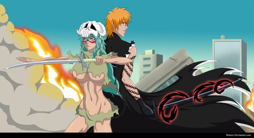 bleach green_hair ichigo_kurosaki kurosaki_ichigo large_breasts long_hair neliel_tu_oderschvank orange_hair short_hair skull sword torn_clothes underboob weapon