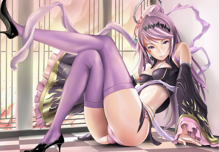 arm_support bare_shoulders checkered checkered_floor chinese_clothes detached_sleeves earrings facial_mark hair_ornament high_heels jewelry kananpuu midriff mogmog panties ponytail purple_eyes purple_hair purple_legwear sangokushi_taisen shoes sitting solo thighhighs trefoil underwear